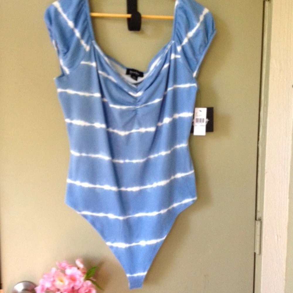 By & By XXL Bodysuit Top Blue White Stripe Tie Dye Cap Sleeves Ruched Neck  NEW